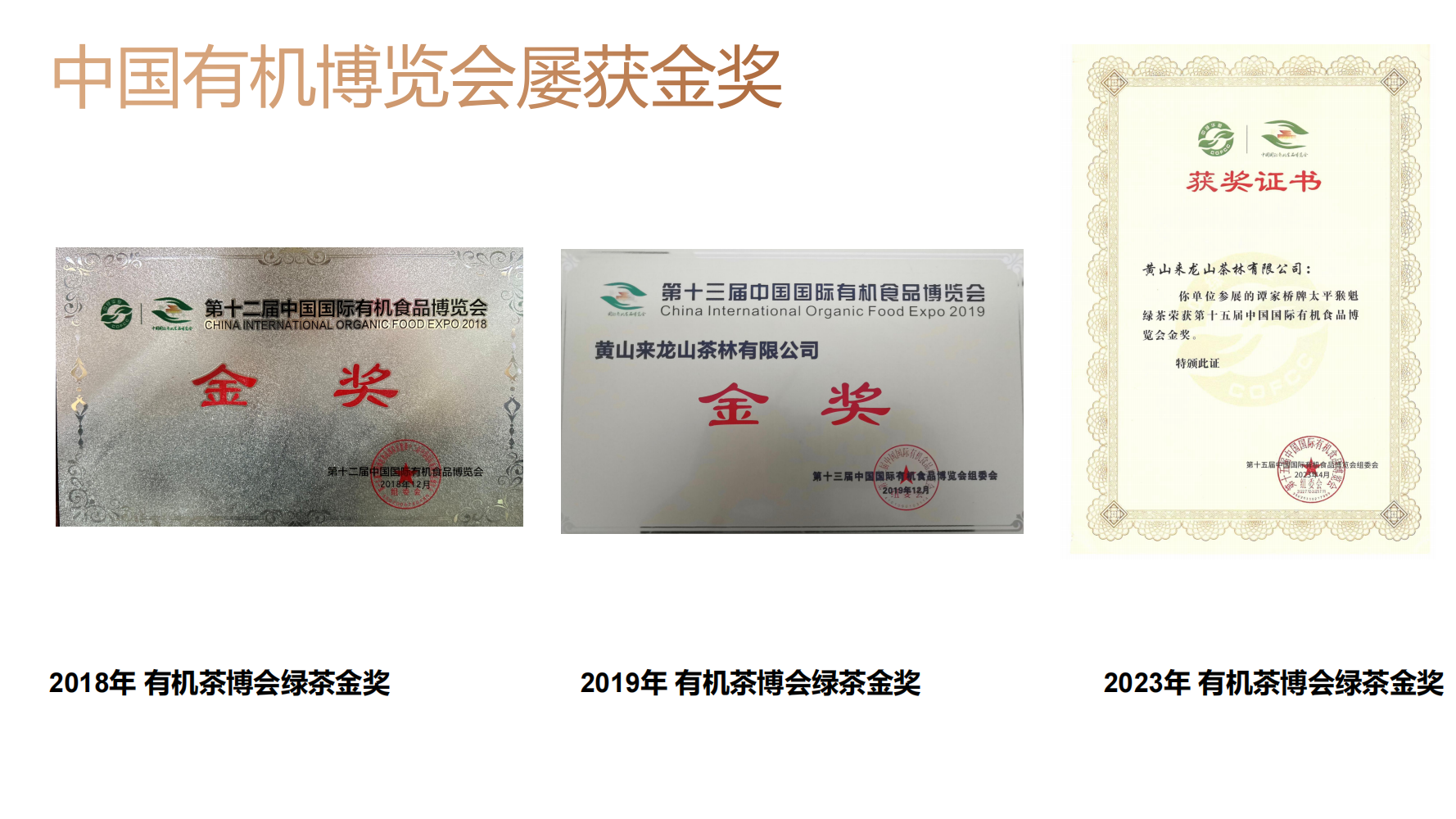 中国国际有机食品博览会金奖证书 — 2018/2019/2023三届获奖
