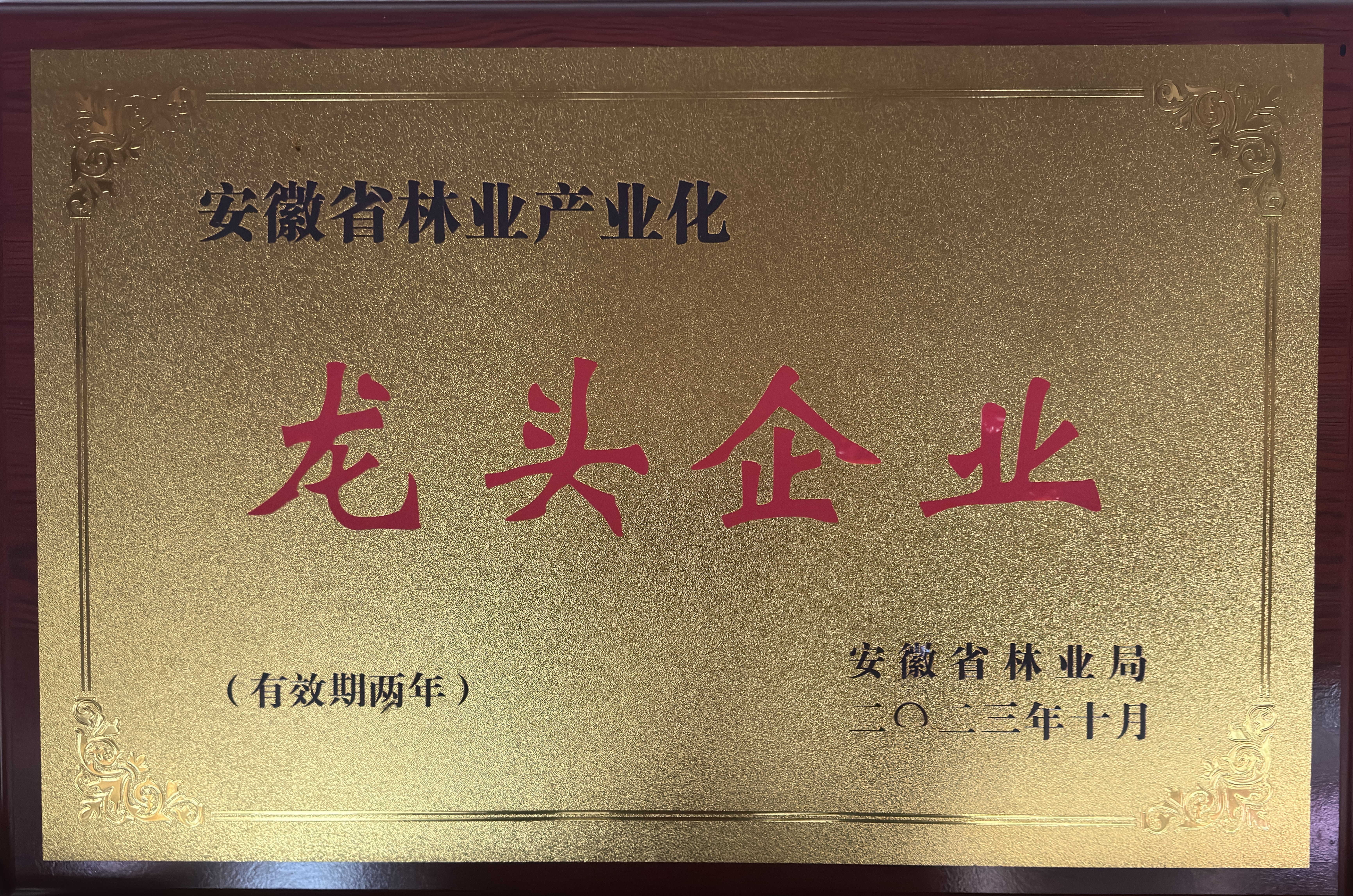 安徽省林业产业化龙头企业证书 — 黄山来龙山茶林有限公司